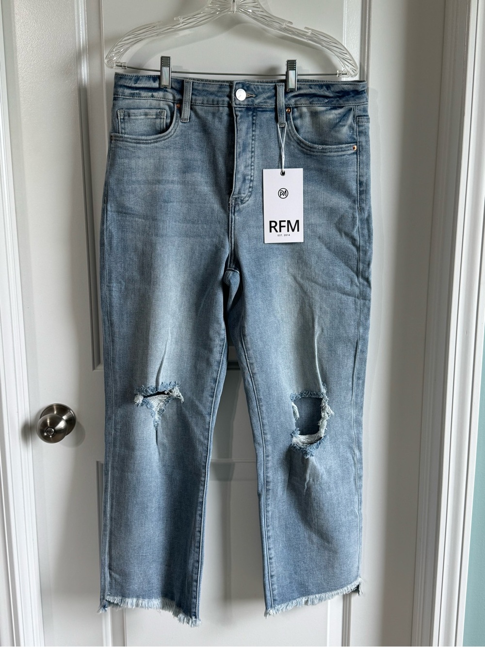 Womens Light Blue Distressed Straight-Leg Jeans